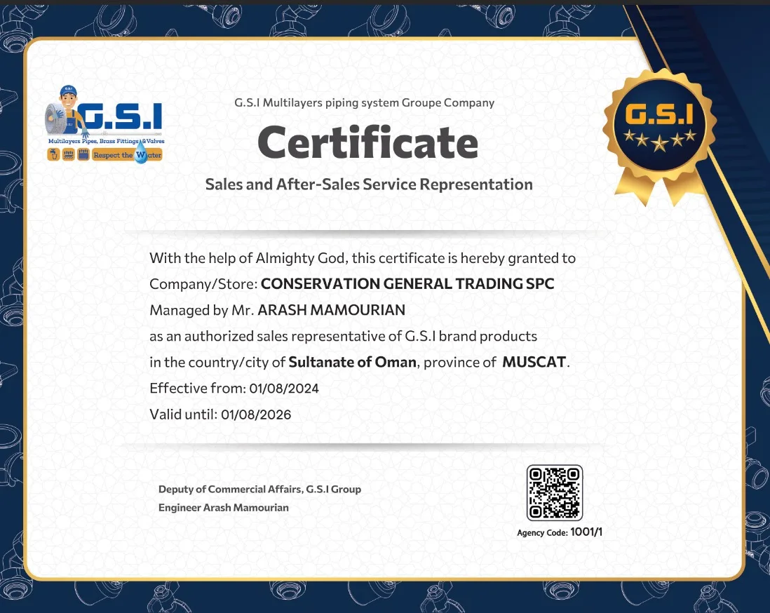 Historical G.S.I. sales and after-sales representation certificate issued to Conservation General Trading SPC, expiring August 2026