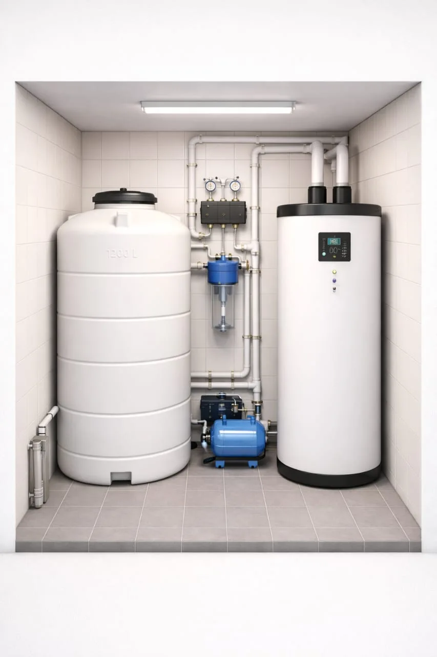 Mechanical room concept provided by CGT: tank, heater and piping